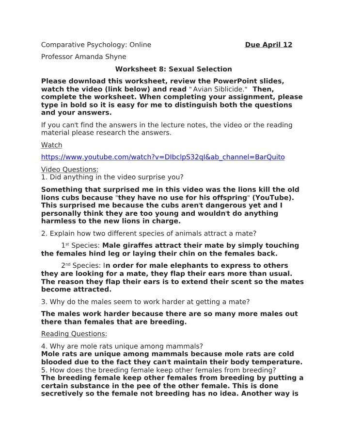 Comparative Psychology - Worksheet on Sexual Selection in Animals