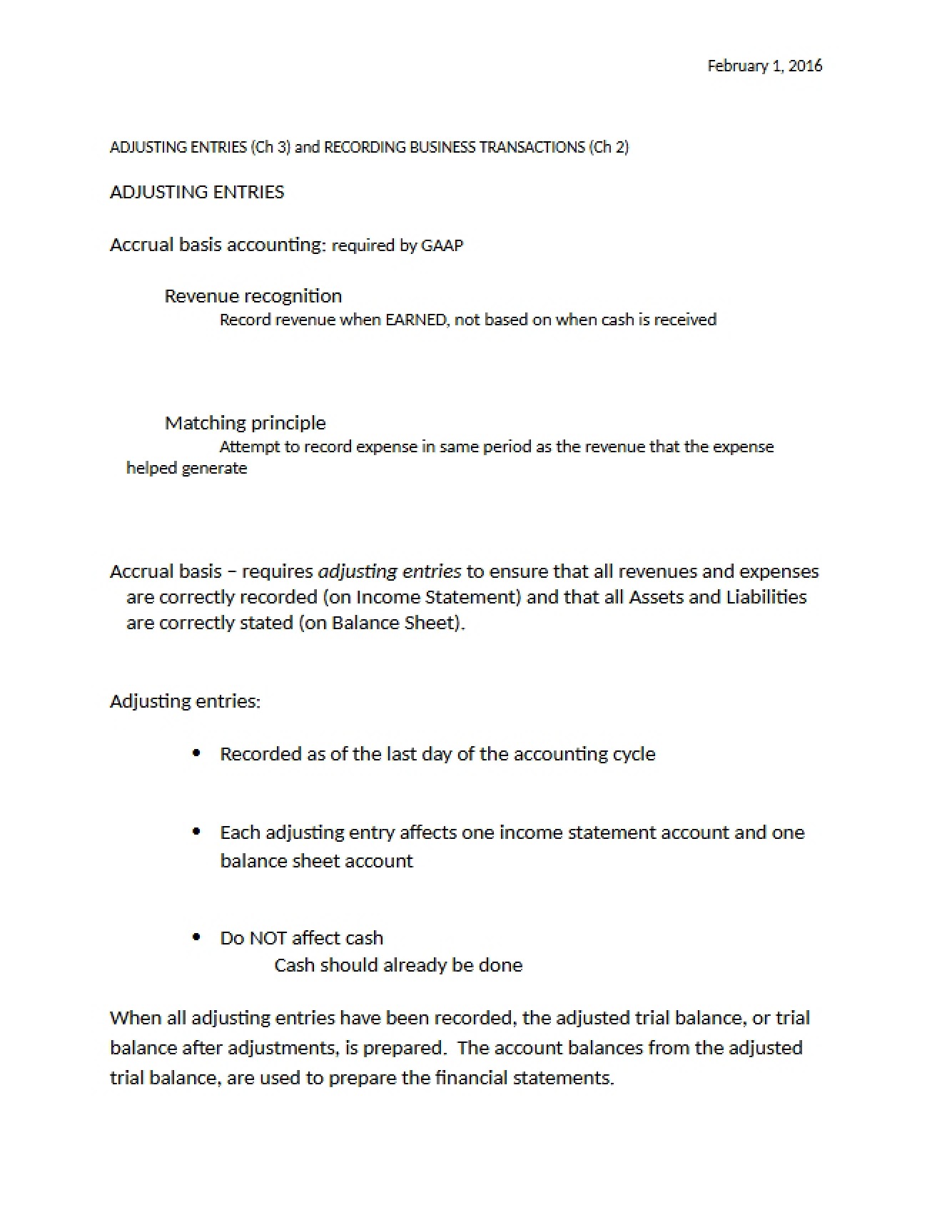 Class Notes on Adjusting Entries and Recording Transactions