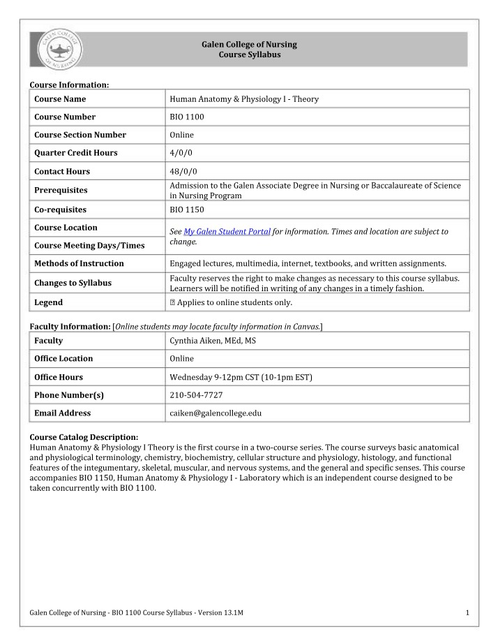 Human Anatomy & Physiology I Textbook and Syllabus