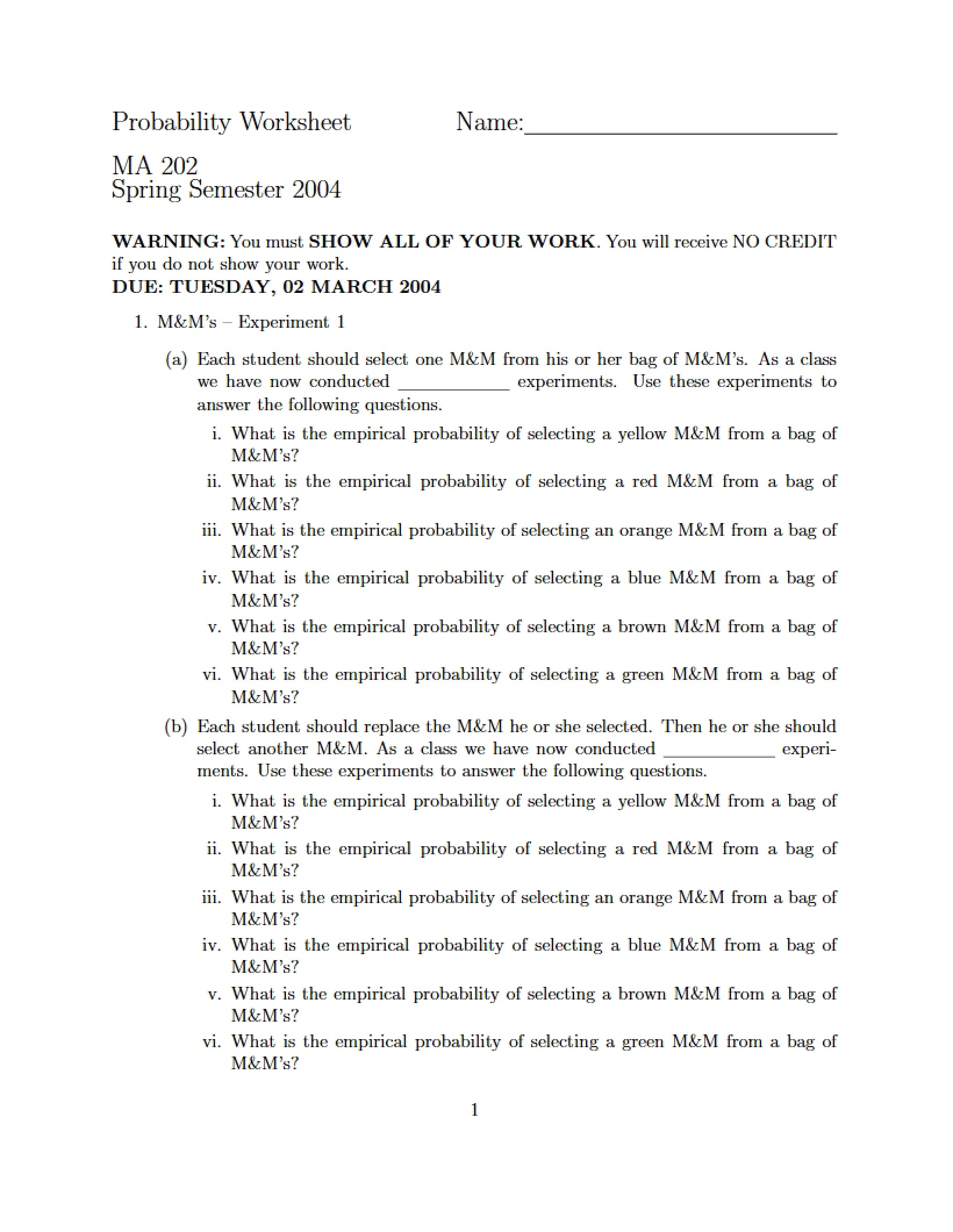 Worksheet on Probability