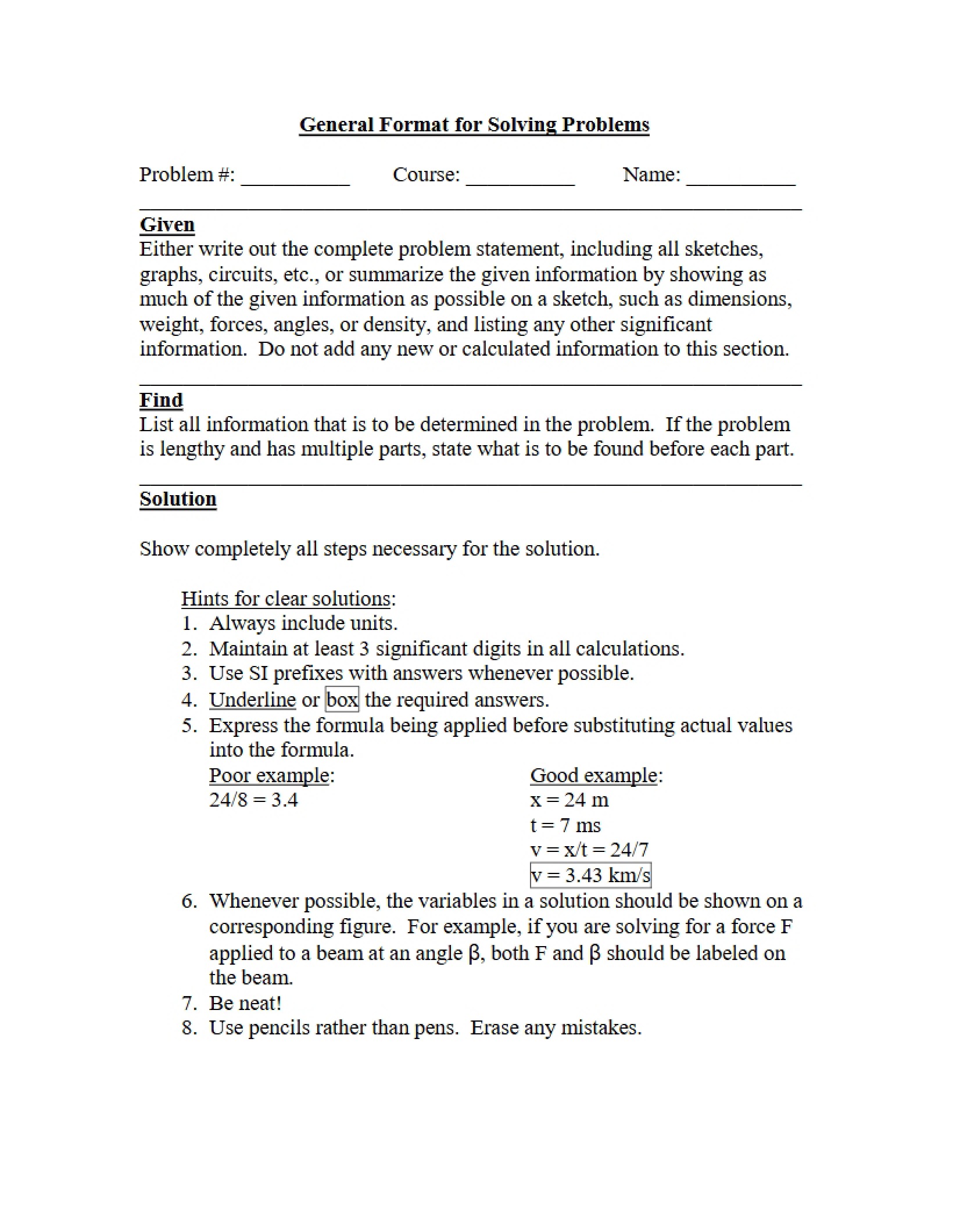 Problem Solving General Format