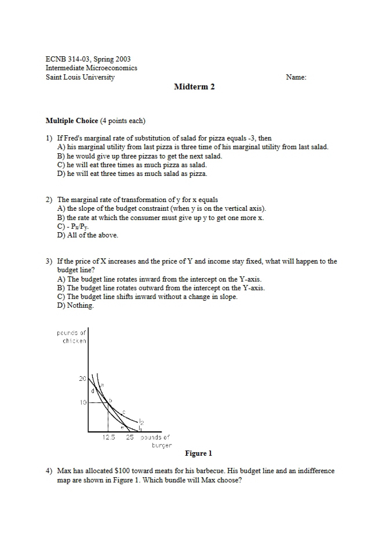 Examination for Intermediate Microeconomics