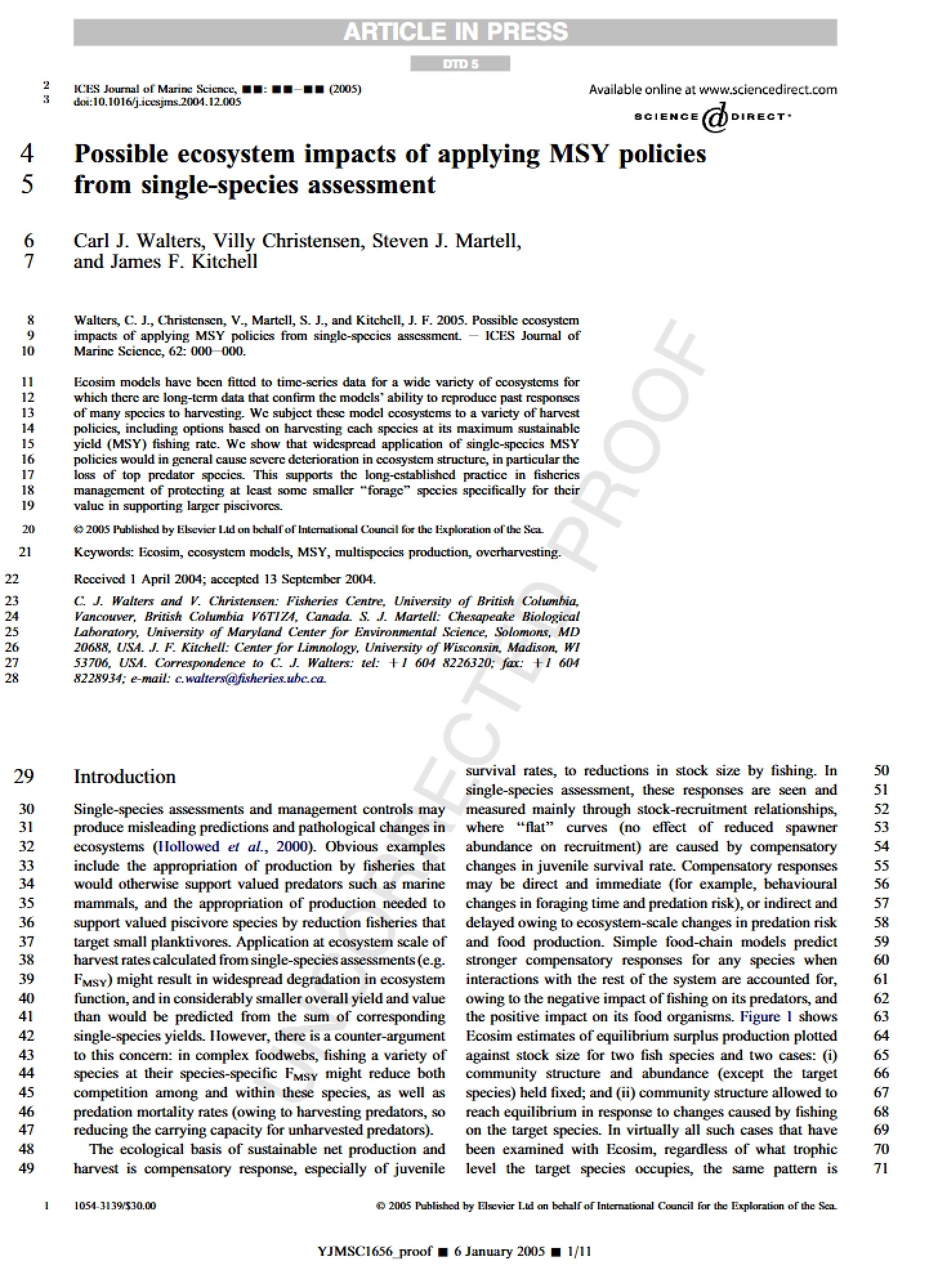 Single-Species MSY Policies Potential Ecosystem Impacts