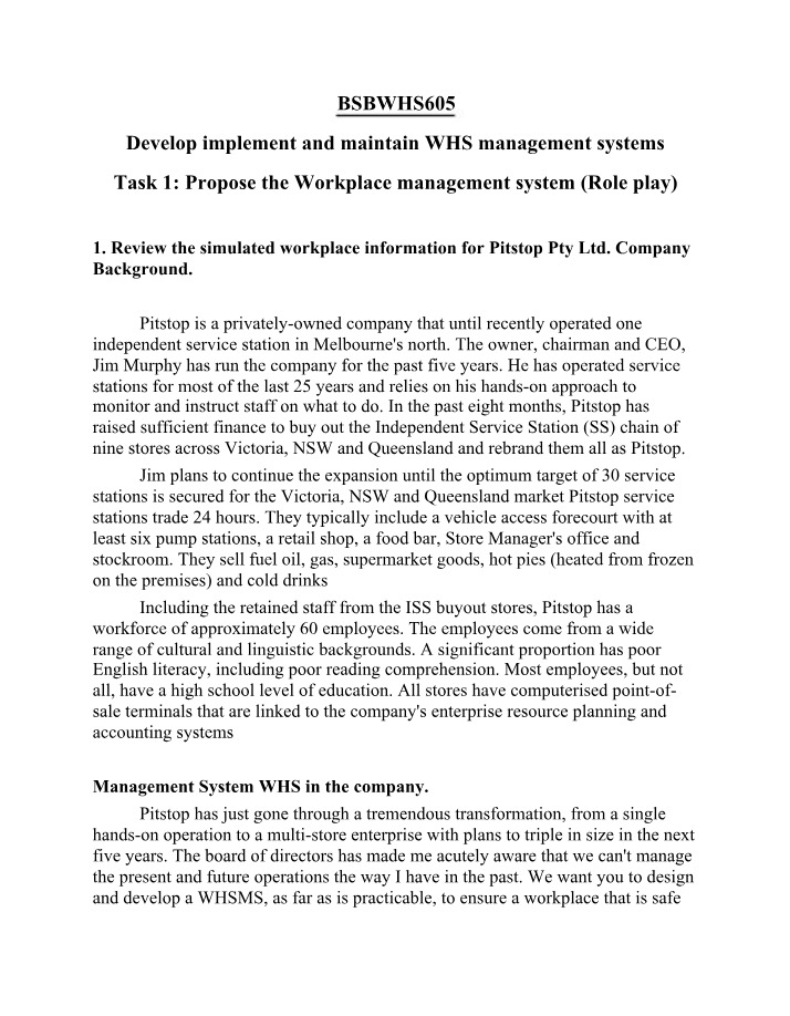 WHS Management Systems Development and Implementation for Pitstop