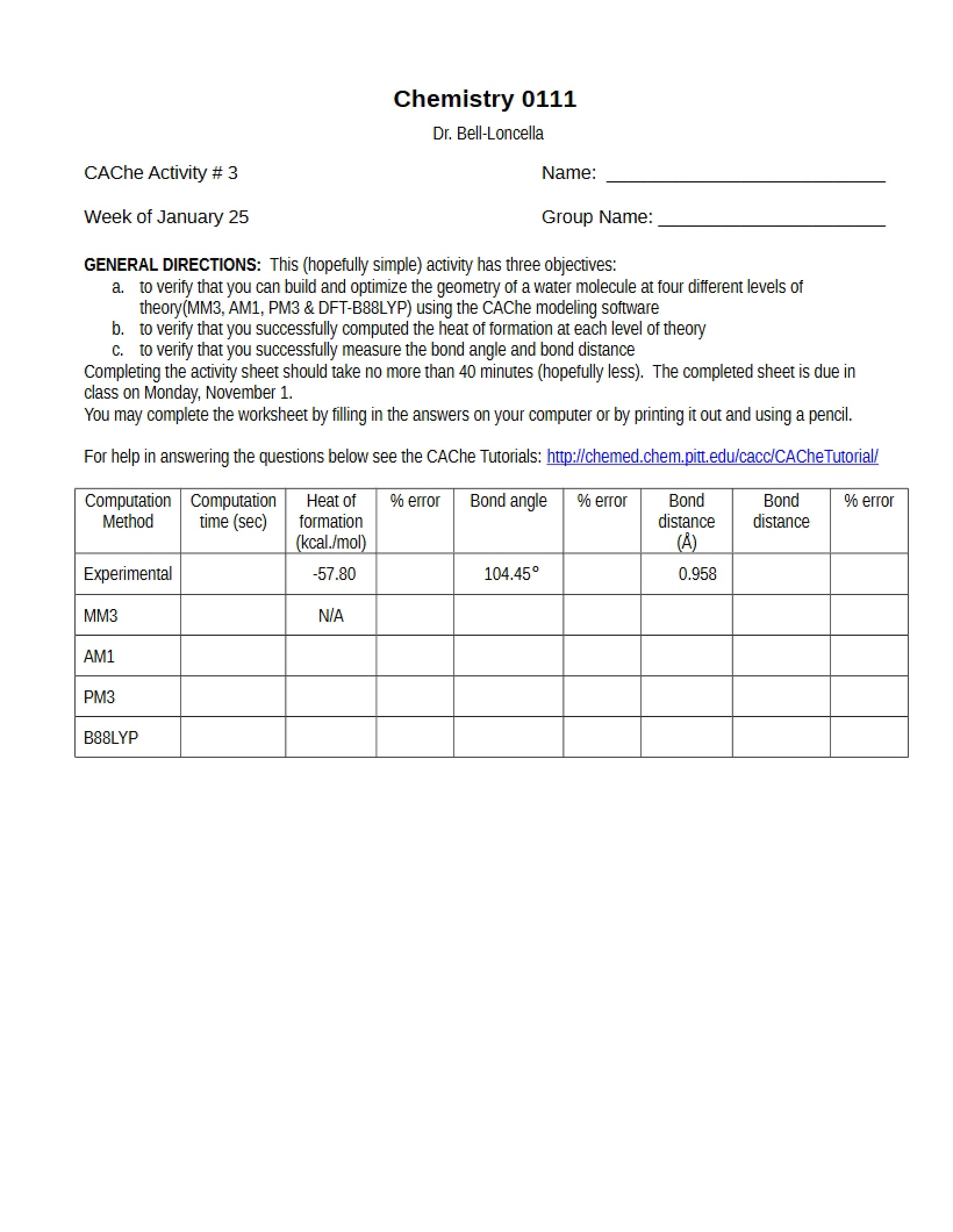 Chemistry Activity Sheet