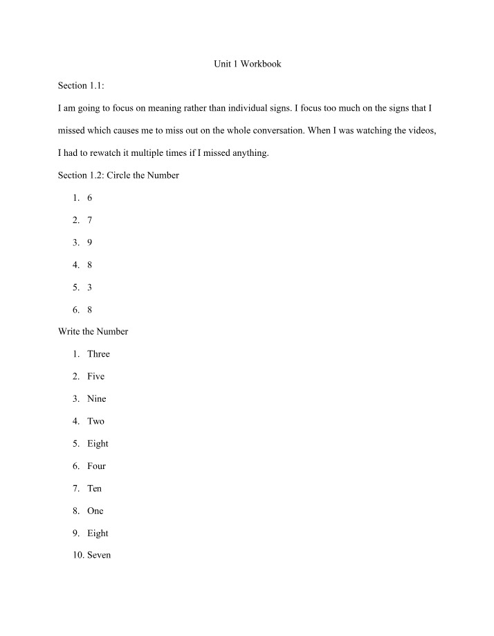 Workbook for Unit 1
