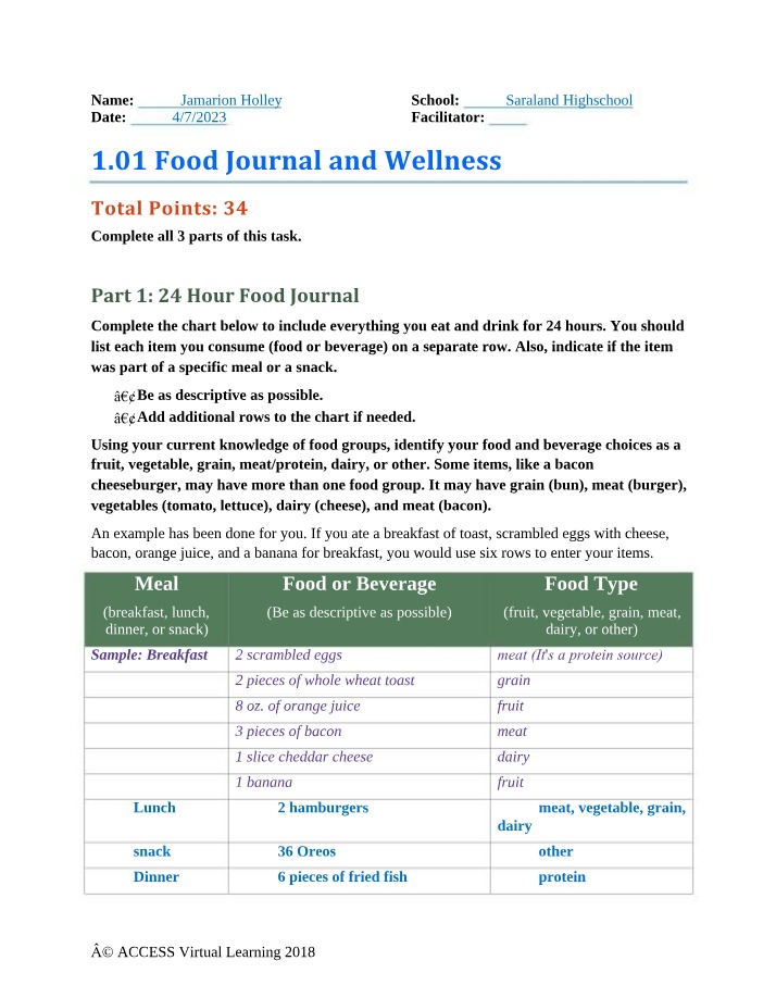 Wellness Reflection and Food Journal
