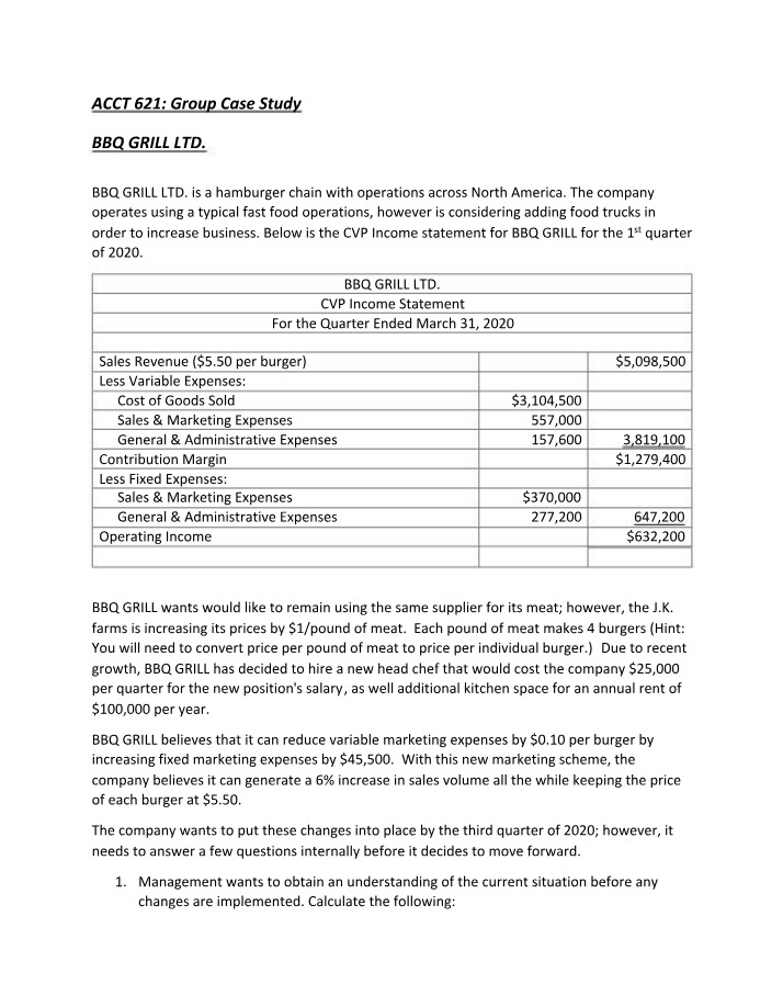 BBQ GRILL LTD. Case Study for ACCT 621