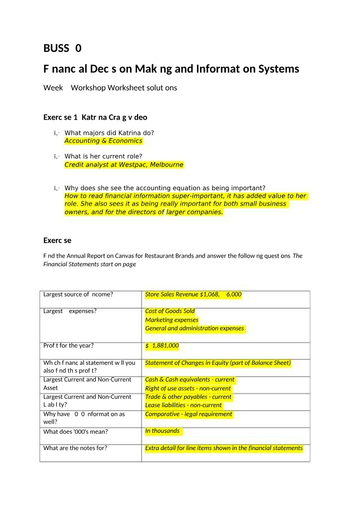 Week 3 Workshop Worksheet Solutions - Financial Decision Making