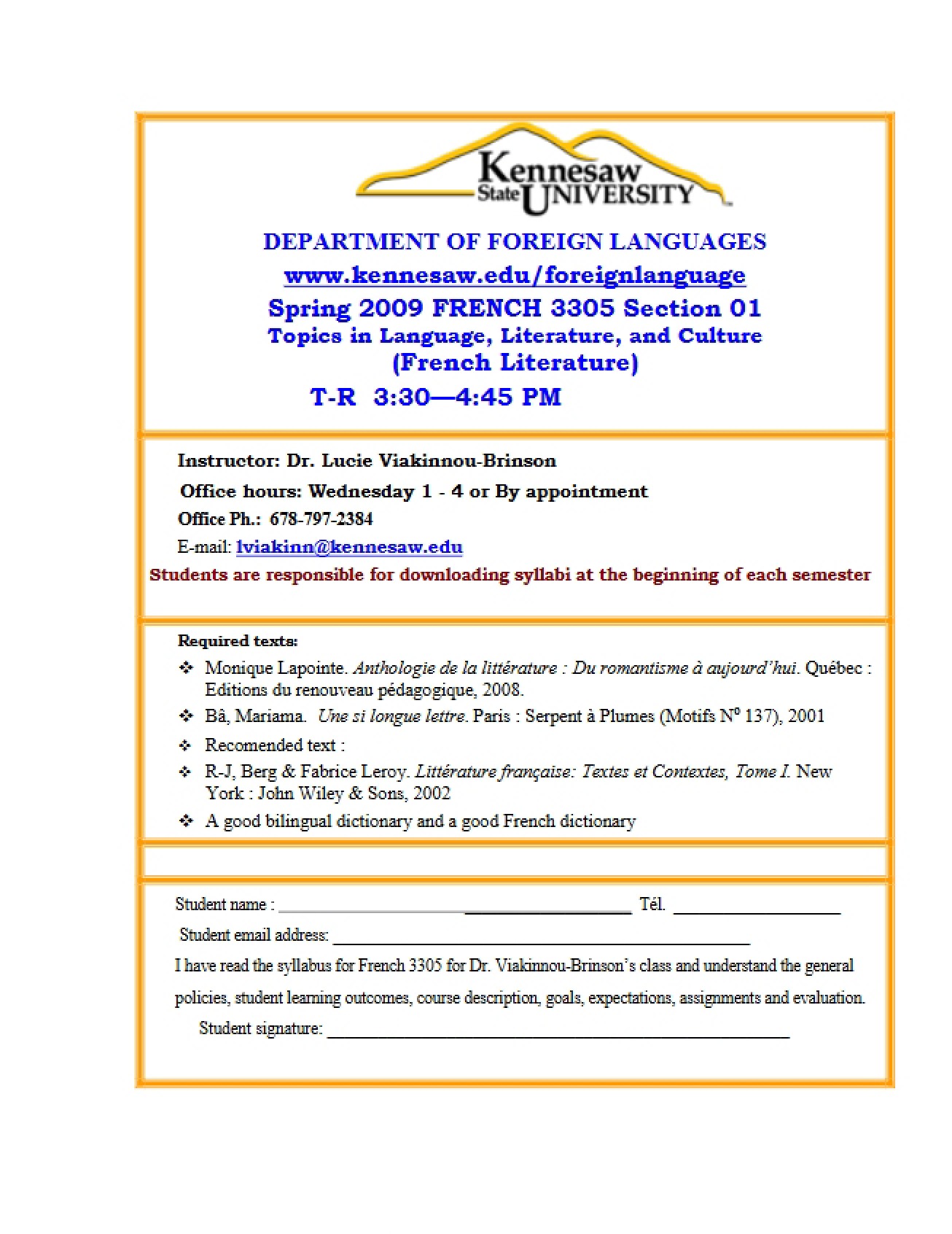Course Outline for French Literature and Culture Two - FREN 3305