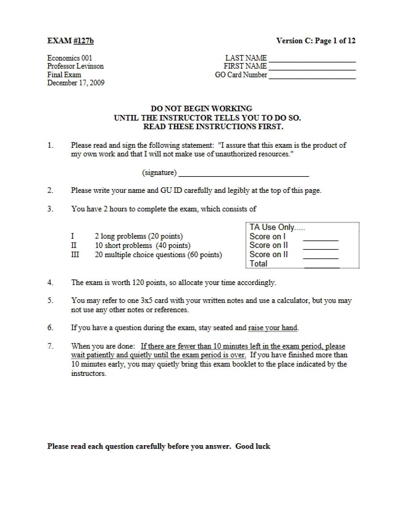 Instructions for Microeconomics Exam
