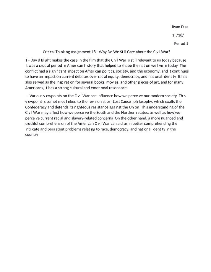 Why Do We Still Care about the Civil War - Critical Thinking Assignment 18