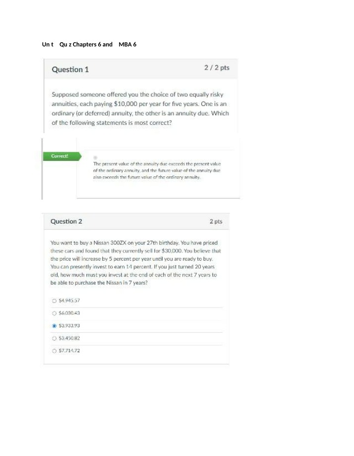 MBA 643 - Unit 2 Quiz (Chapters 6 & 9)