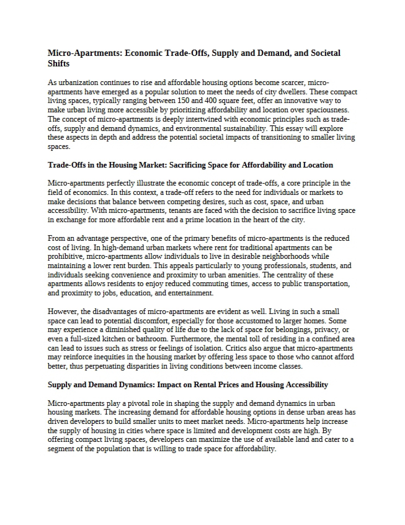 Micro-Apartments Economic Trade-Offs, Supply and Demand, and Societal Shifts