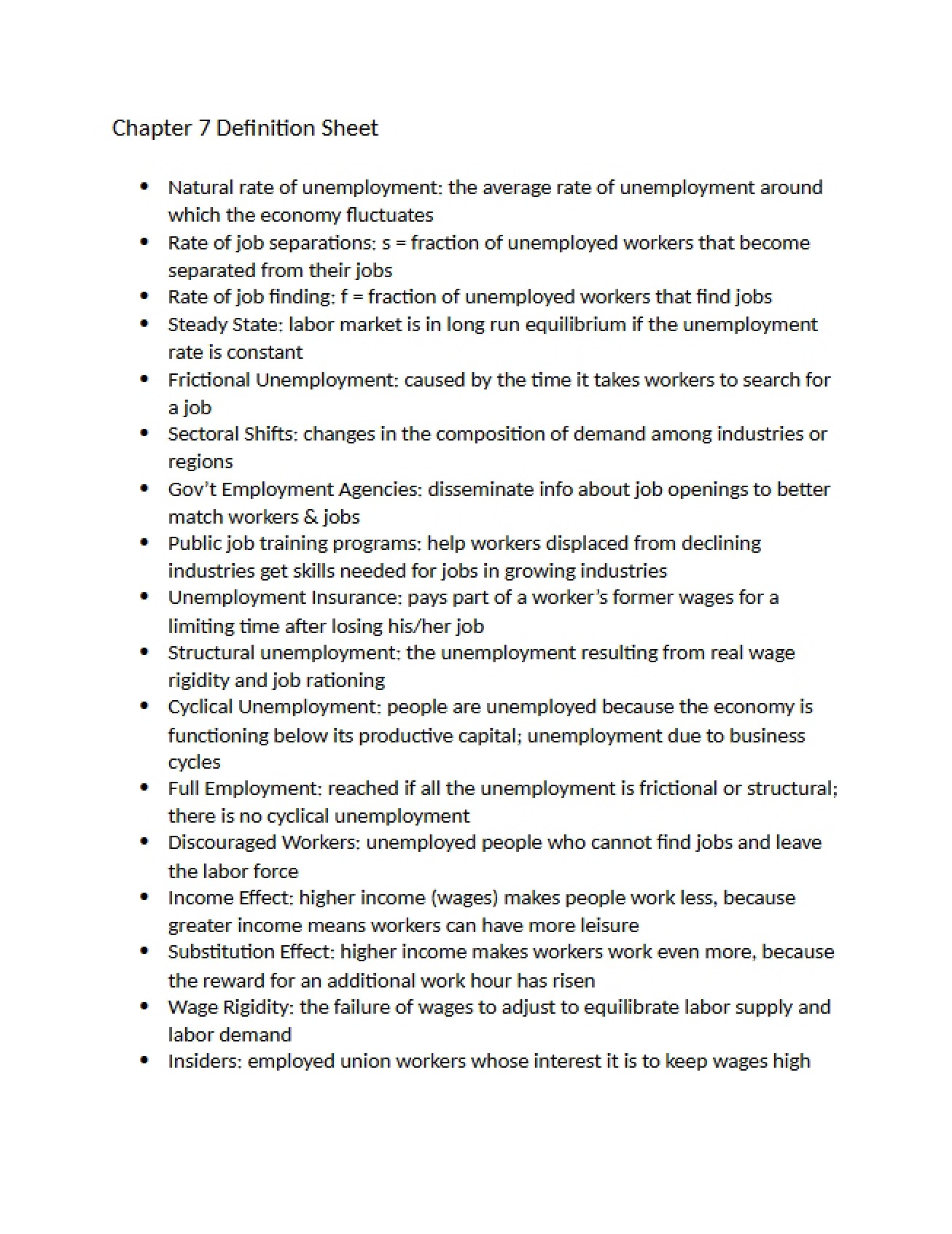 Definitions from Chapter Seven of Macroeconomic Theory