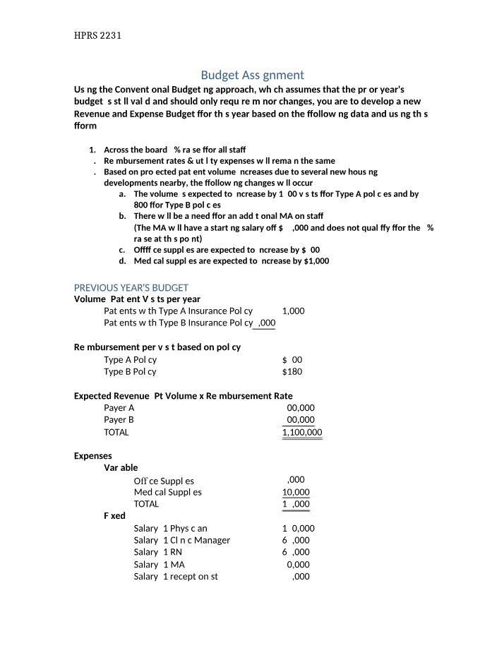 Revenue and Expense Budget Development - HPRS