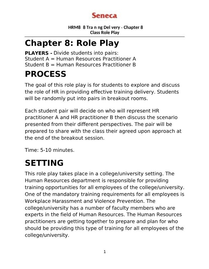 HRM848 Chapter 8 - Training Delivery Role Play