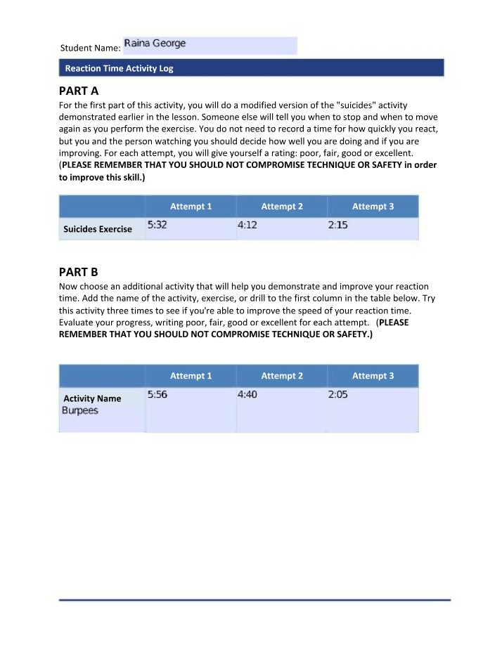 Activity Log for Reaction Time