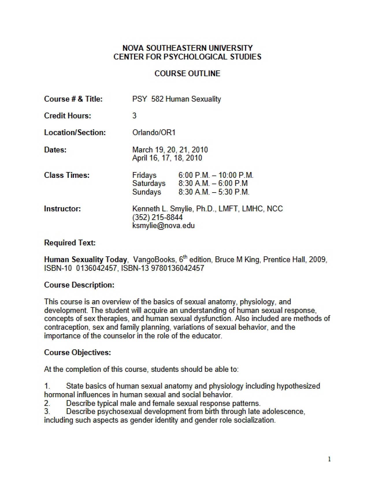 Outline of Human Sexuality Course