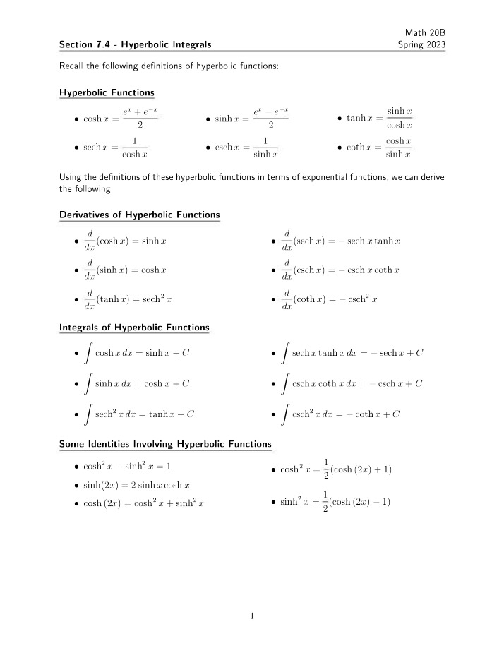 Hyperbolic Integrals - Section 7.4