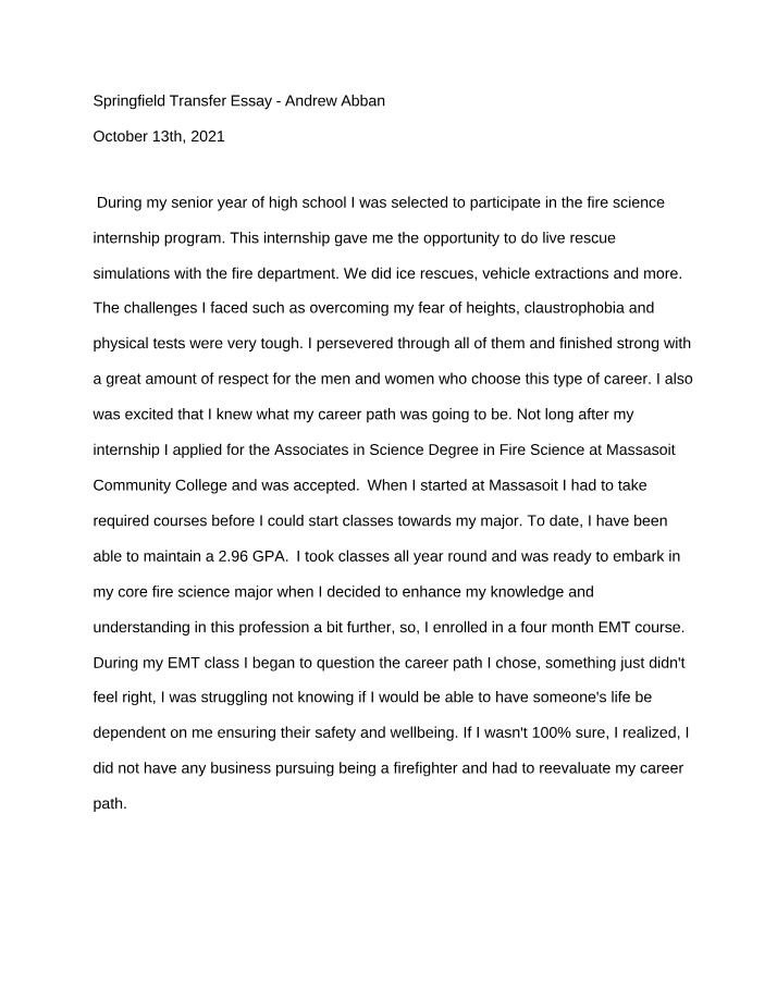 Transfer Essay for Springfield