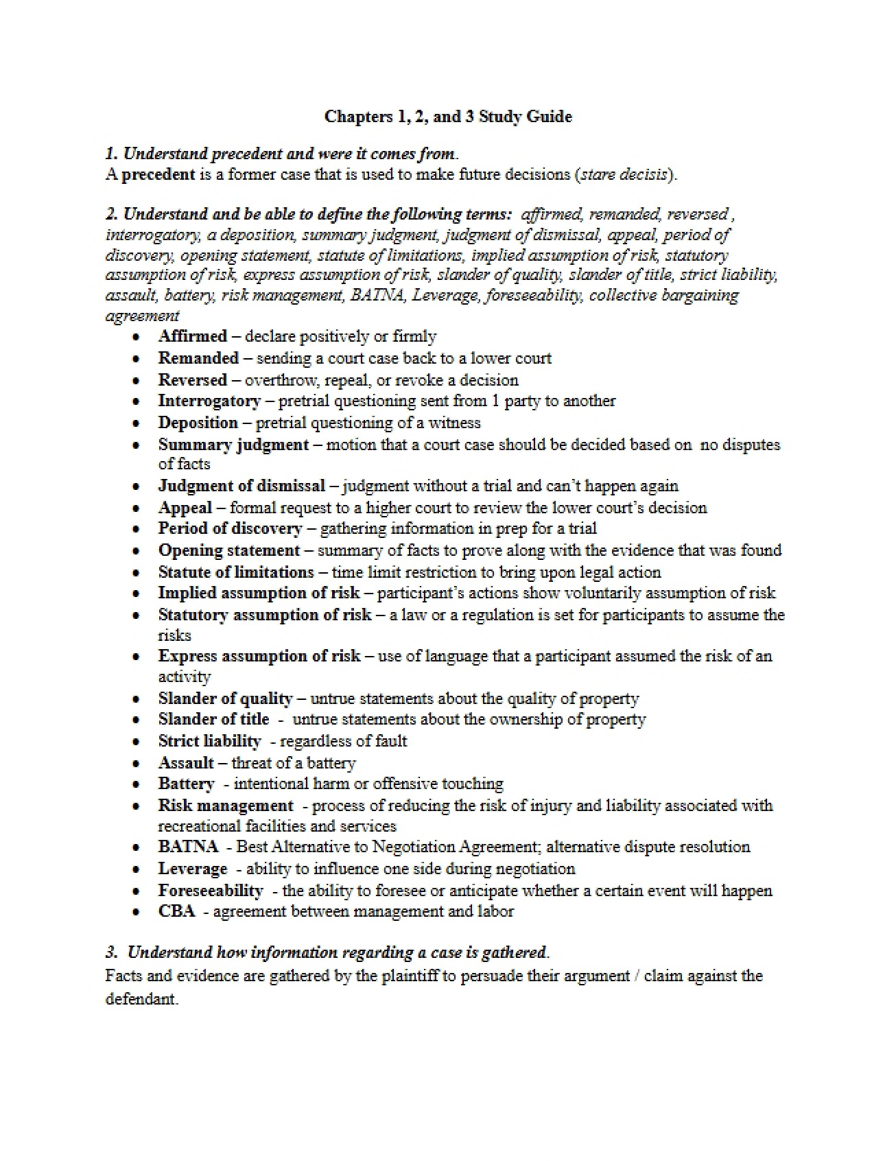 Study Guide for Chapters 1, 2, and 3