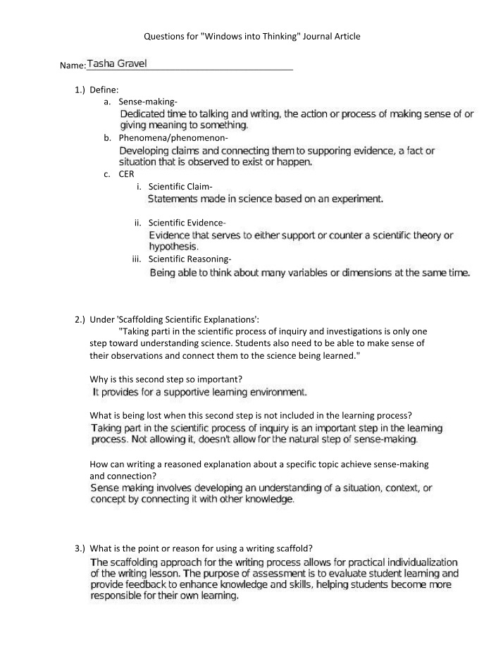 Windows into Thinking Journal Article Questions