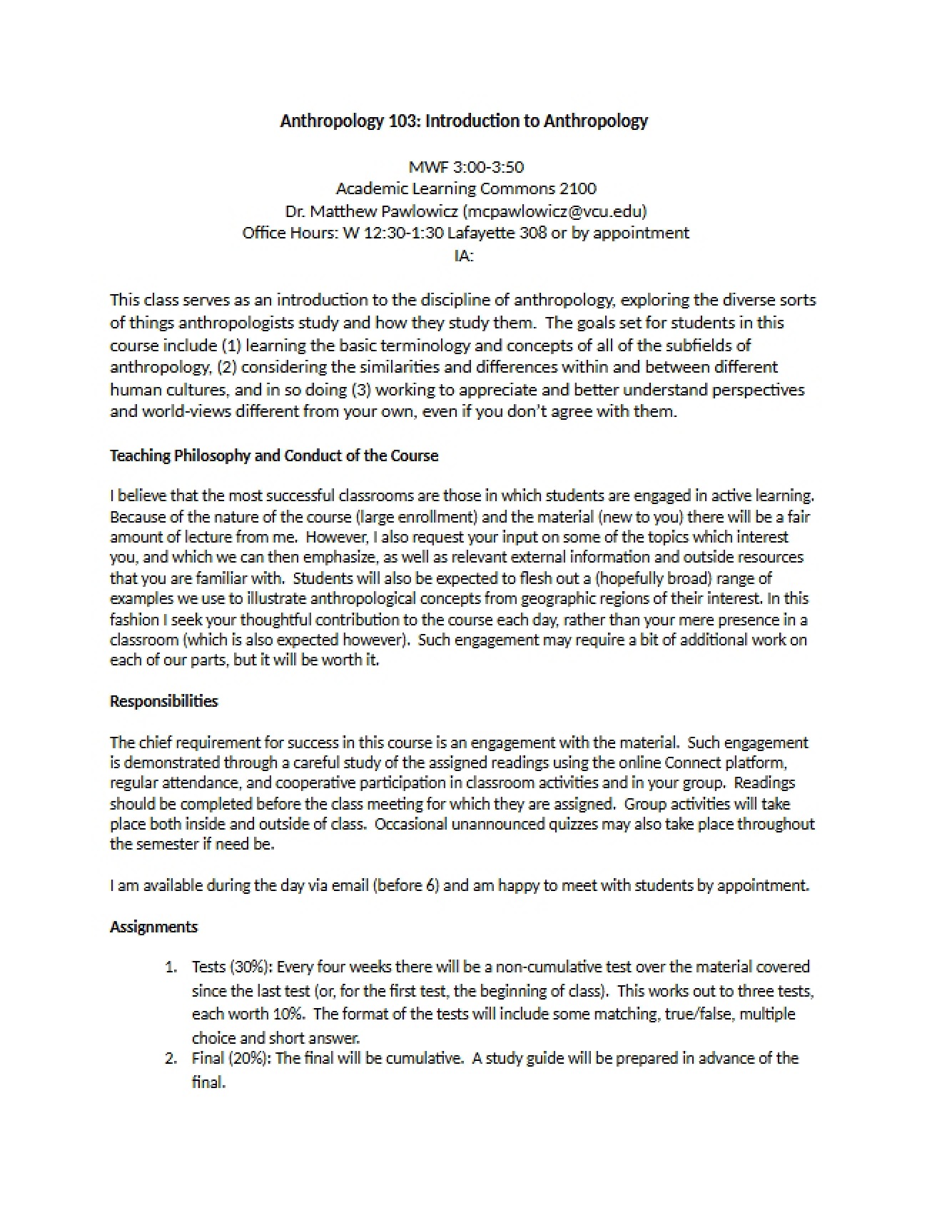 Syllabus Intro to Anthropology (Pawlowicz, VCU Fall 2014)