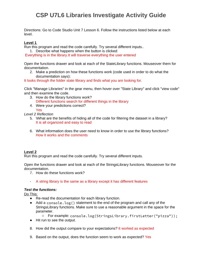Libraries Investigate Activity Guide - CSP U7L6