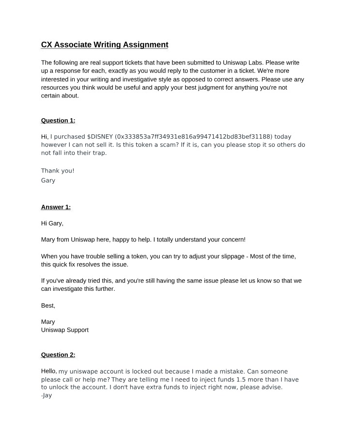 Writing Assignment for CX Associate