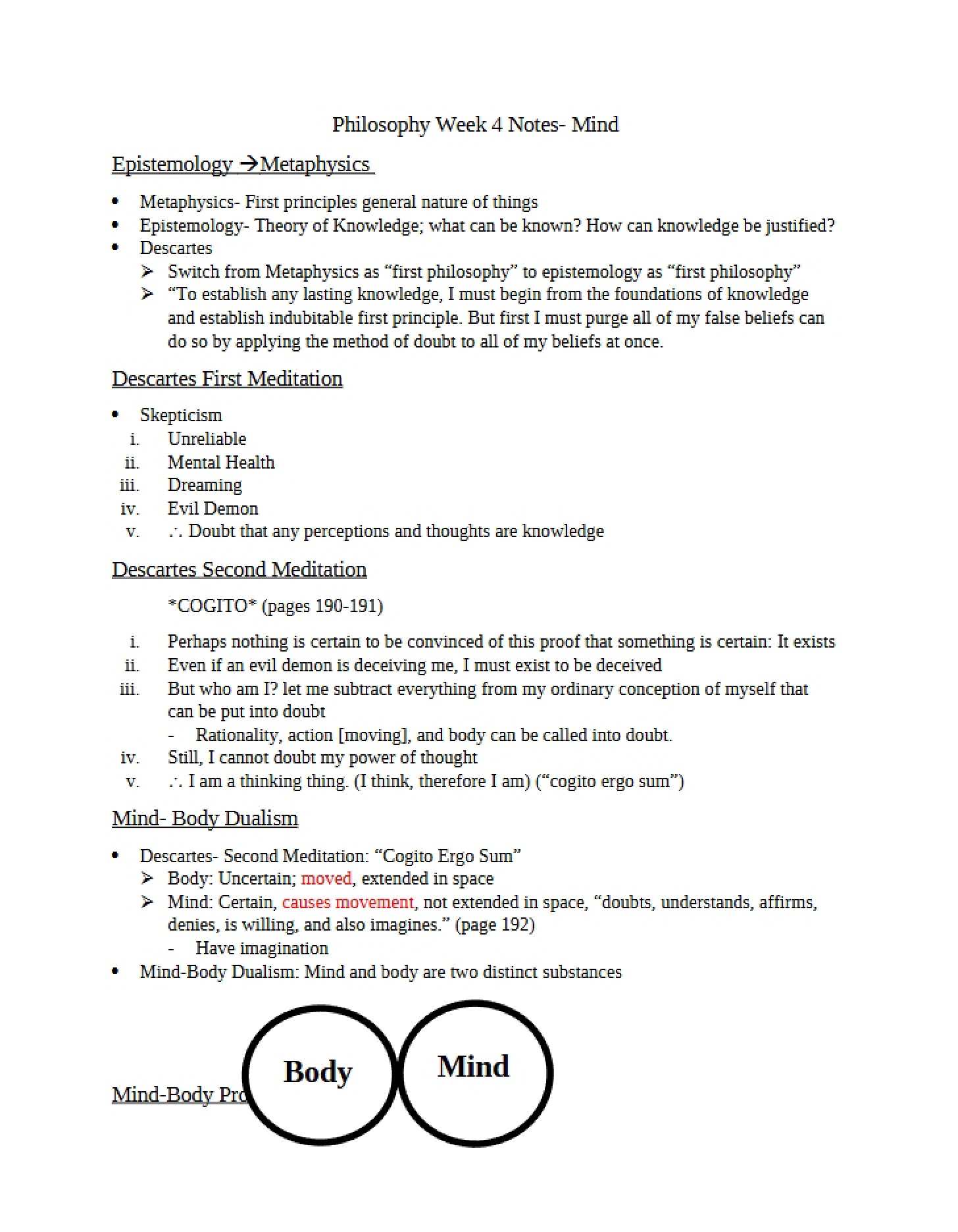 Mind Week 4 Philosophy Notes