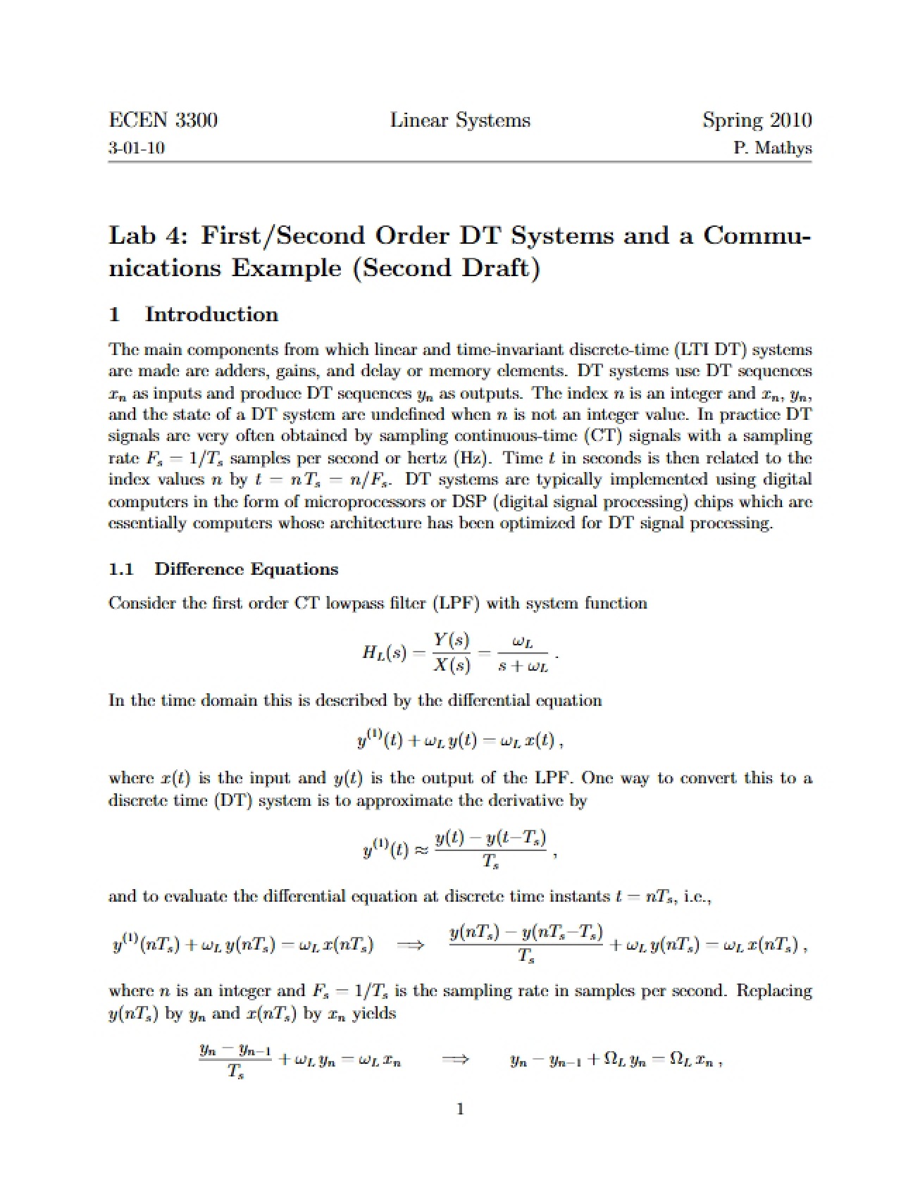 Fourth Lab for Linear Systems