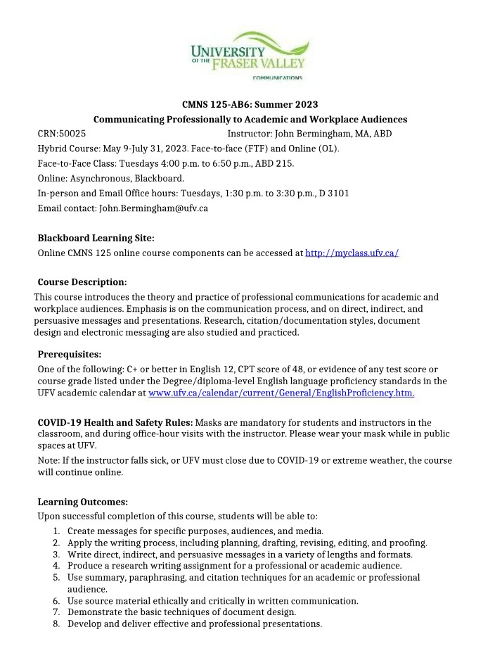 Summer 2023 Syllabus - CMNS 125