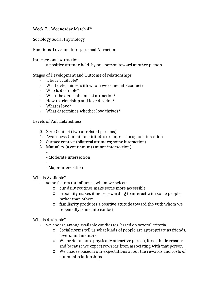 Week 7 Notes - Sociology Social Psychology