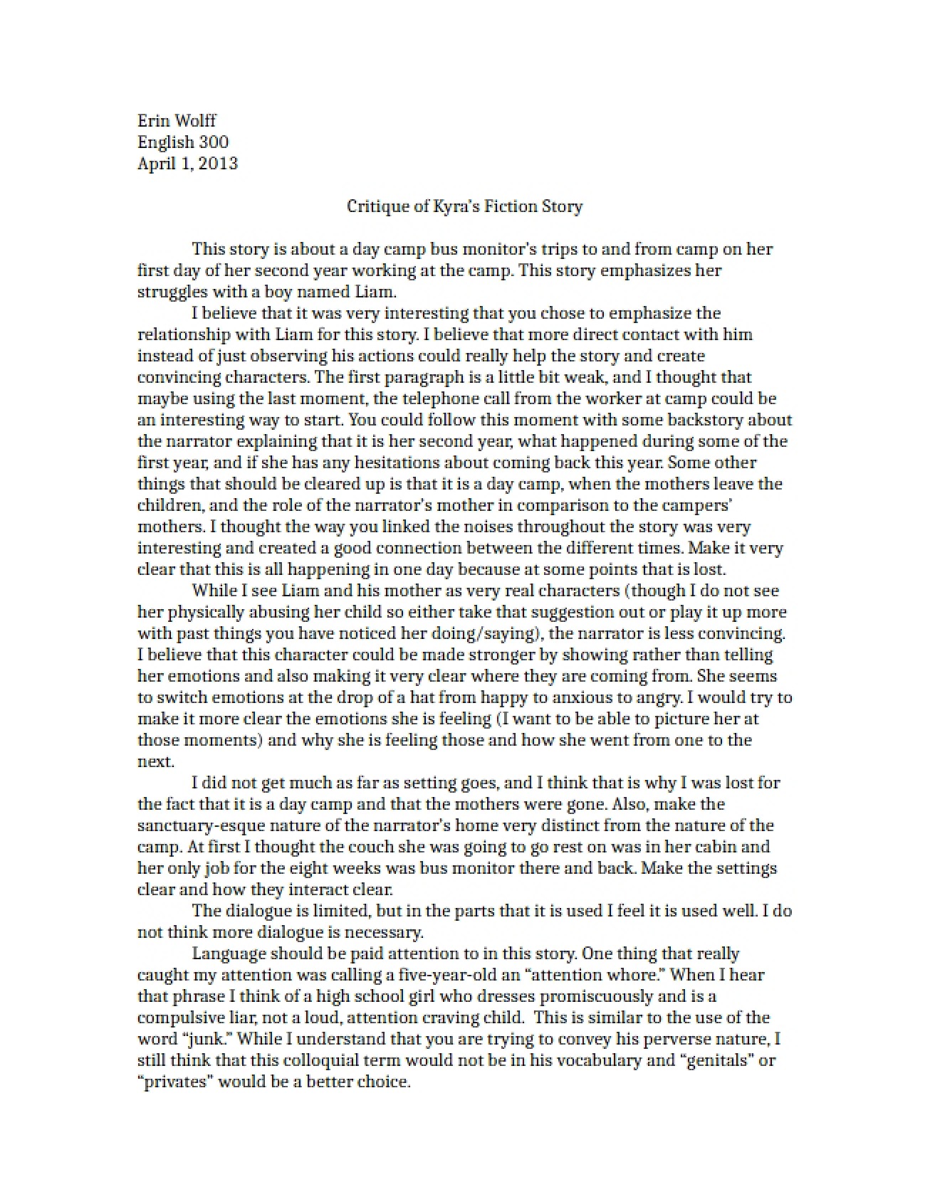 Review of Fiction Piece by Kyra