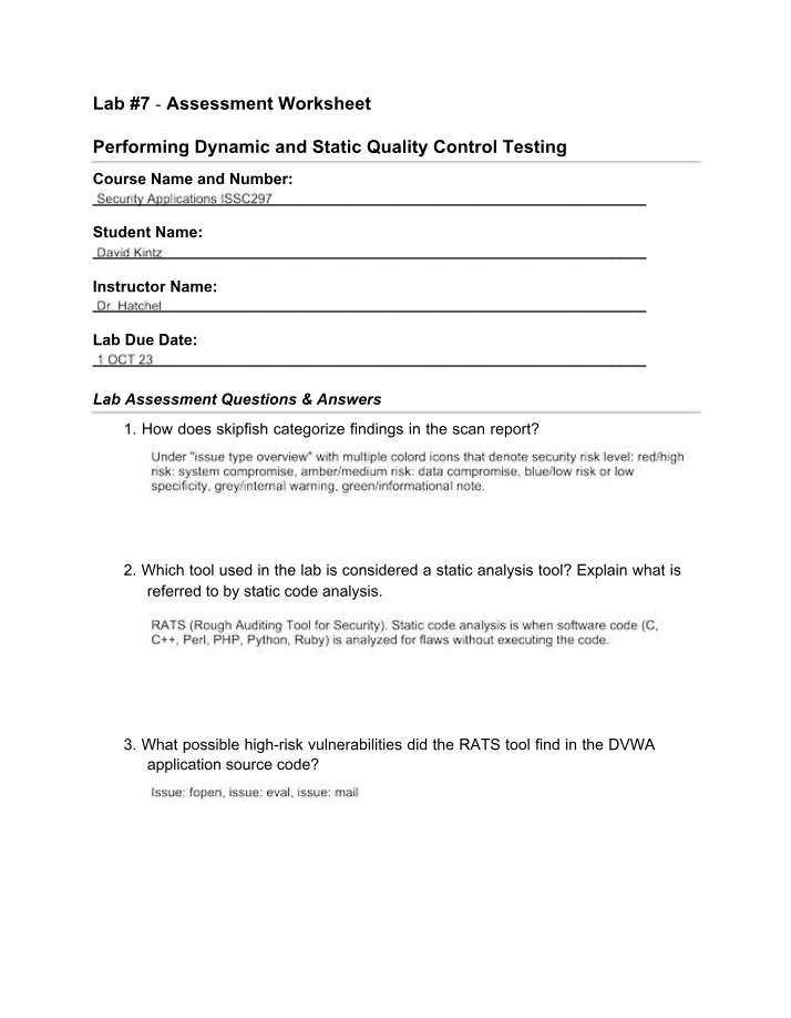 Assessment Worksheet for Lab 7