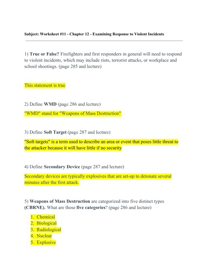 Examining Response to Violent Incidents - Worksheet 11