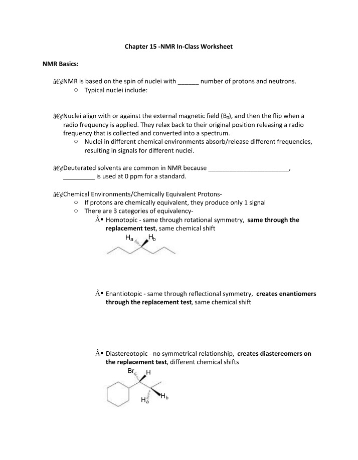 Worksheet - NMR Basics and Spectroscopy