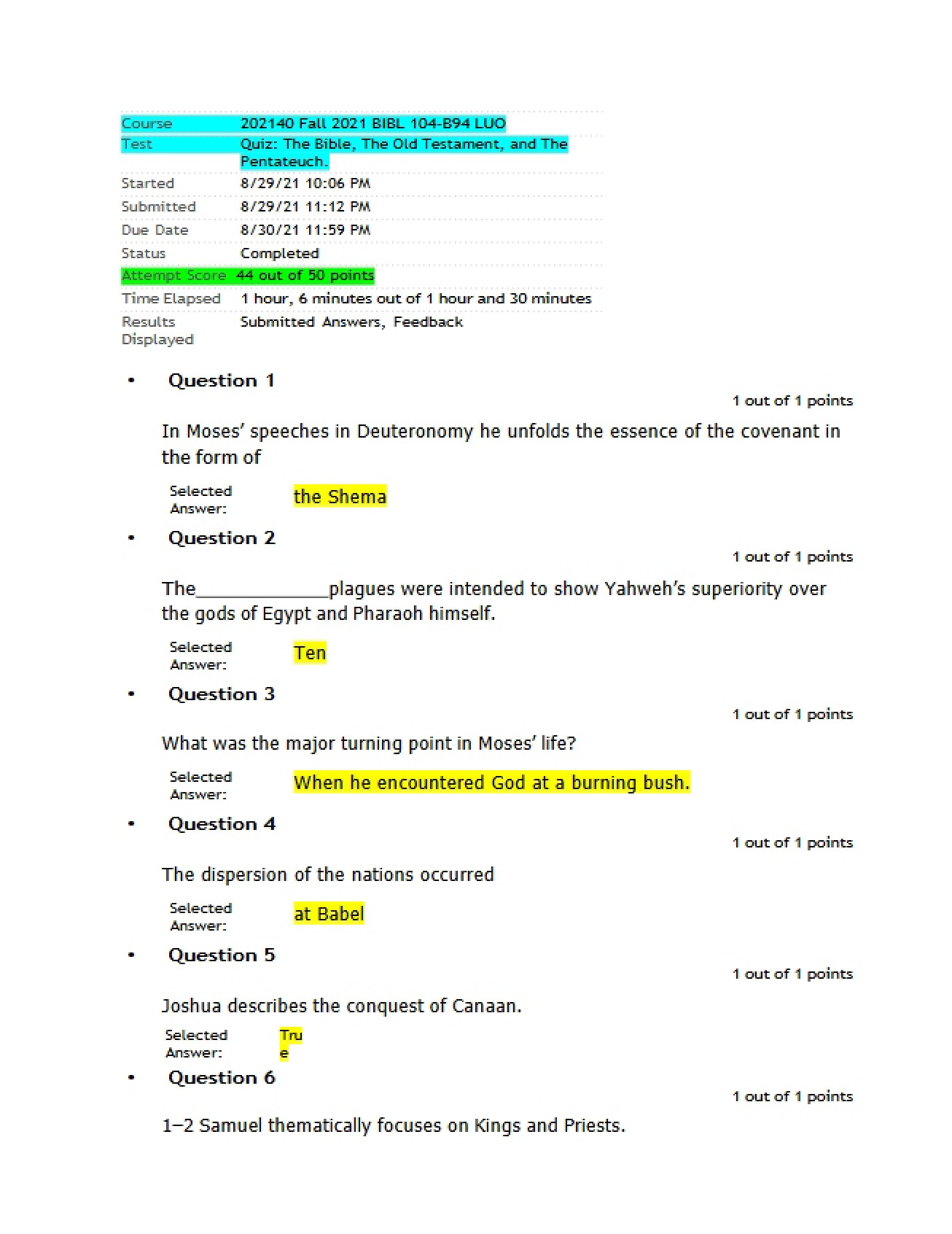 Quiz on the Contents of the Bible