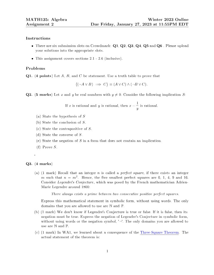 Algebra Assignment 2 - Truth Tables and Implications