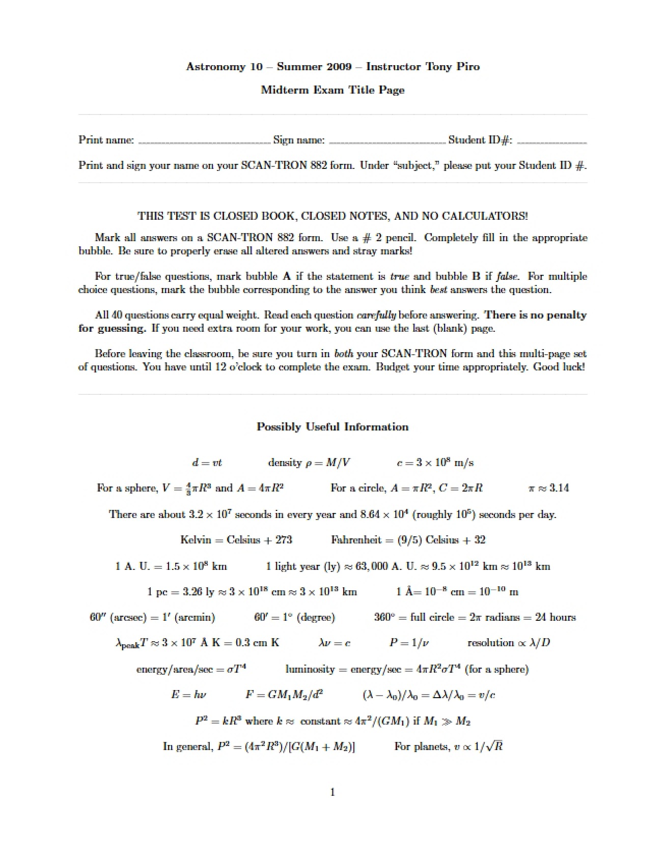 General Astronomy Midterm Exam