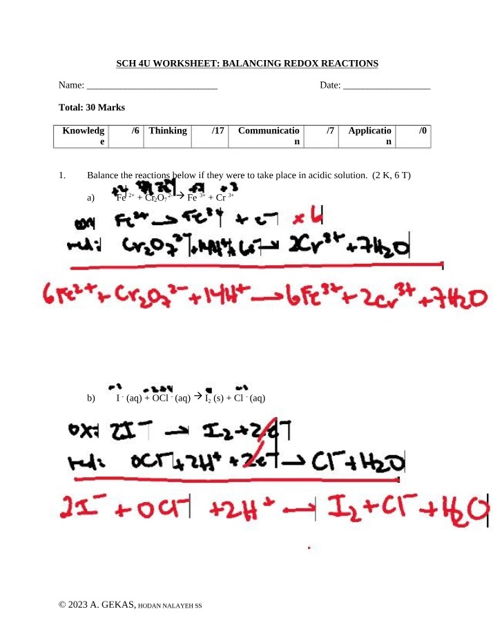 Worksheet for Balancing Redox Reactions