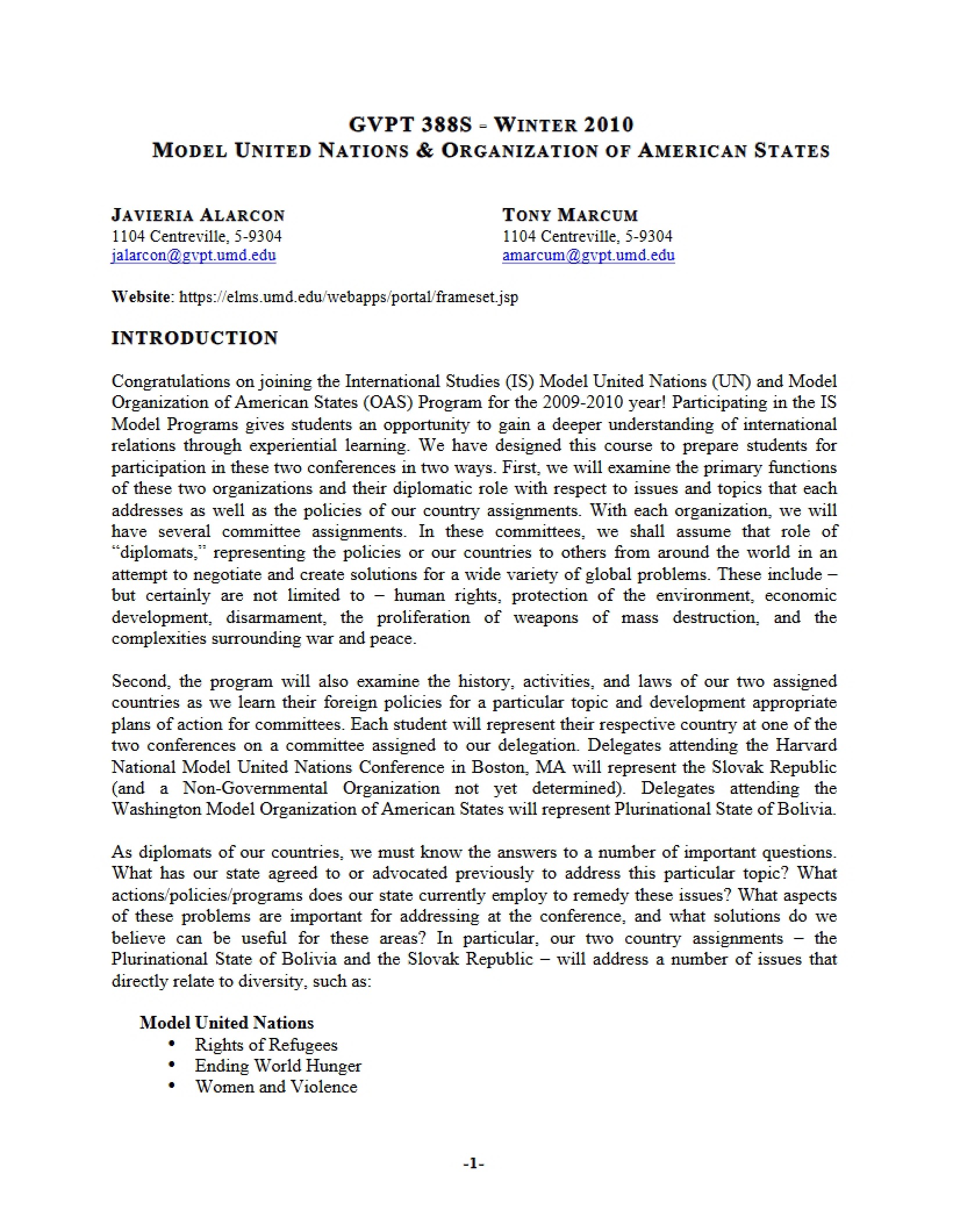 Model UN Course Syllabus