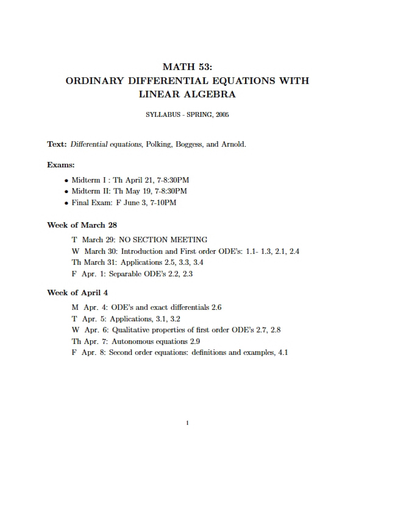 Syllabus for Ordinary Differential Equations
