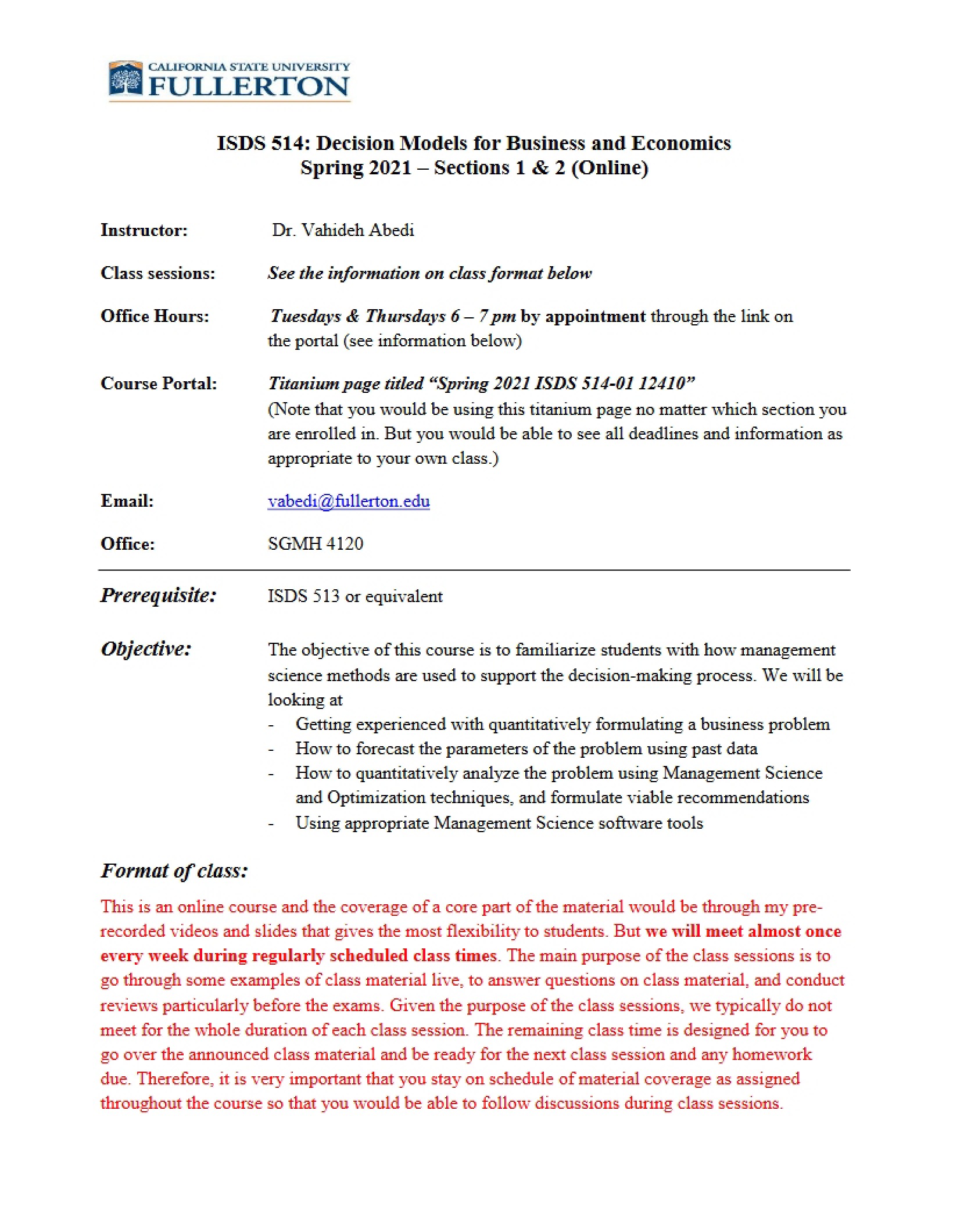 Decision Models Syllabus