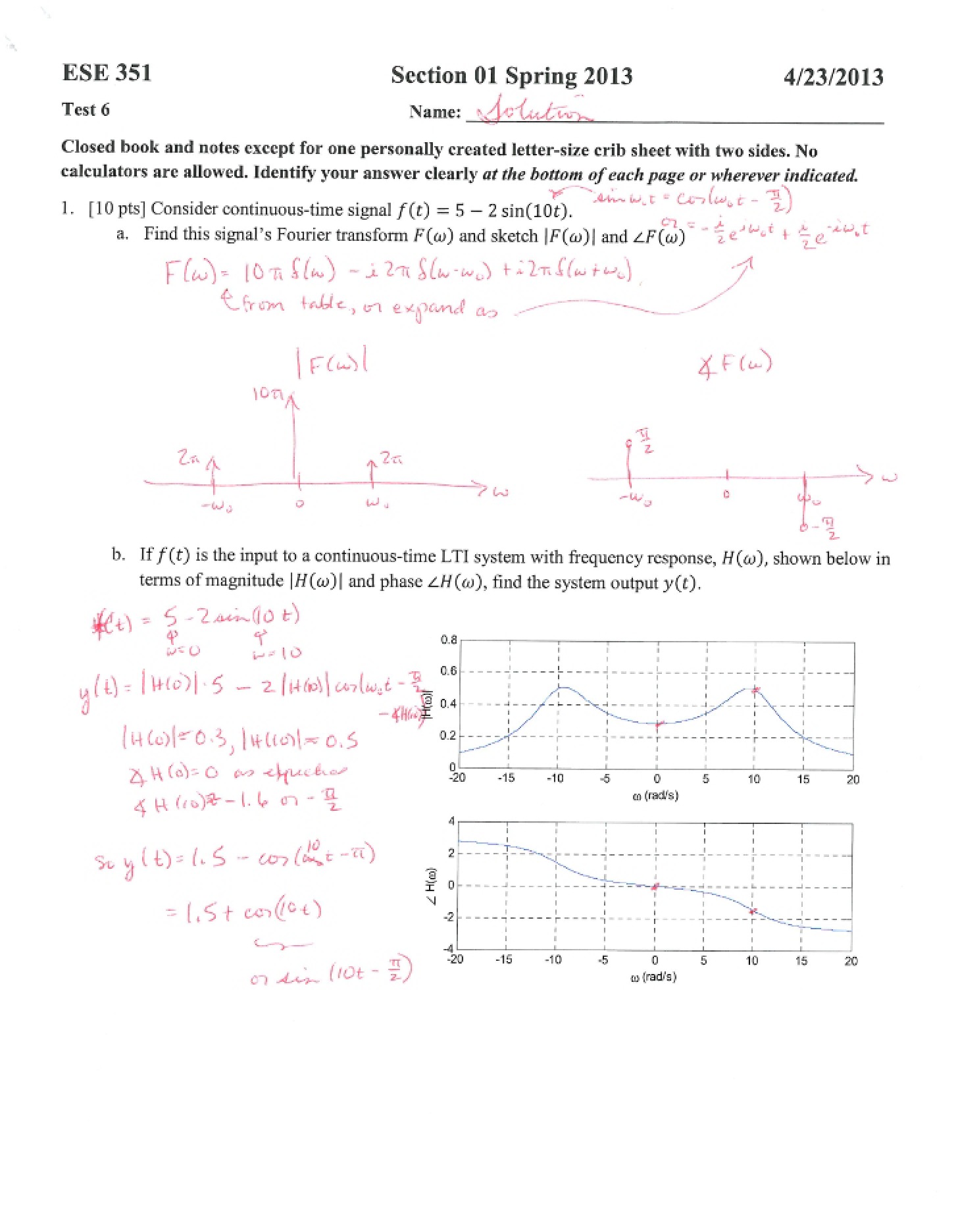 Solutions for Spring 2013 Test Six - ESE 351