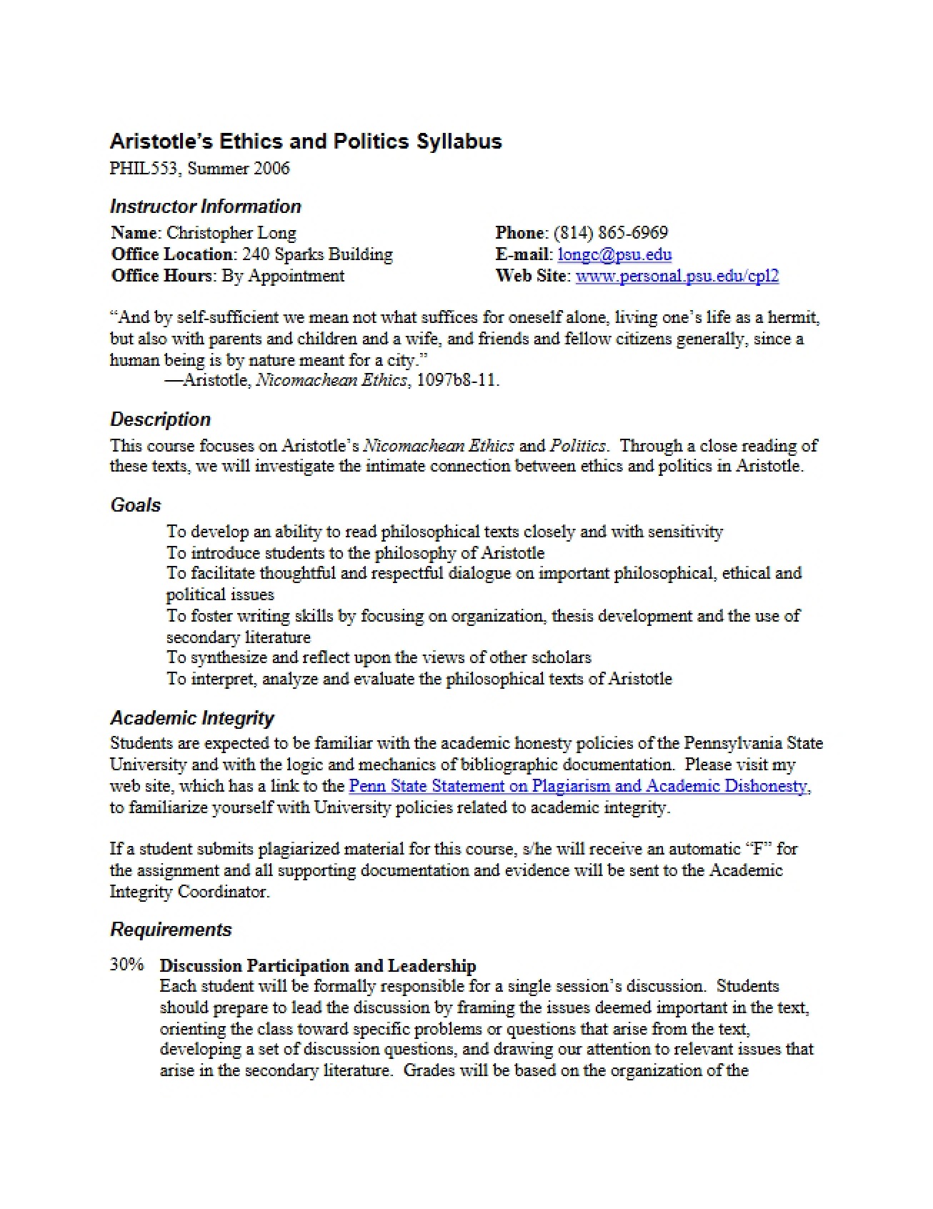 Ethics and Politics Syllabus (Aristotle)