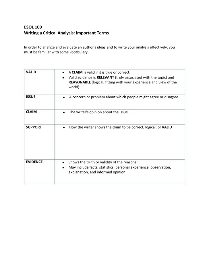 Critical Analysis Vocabulary