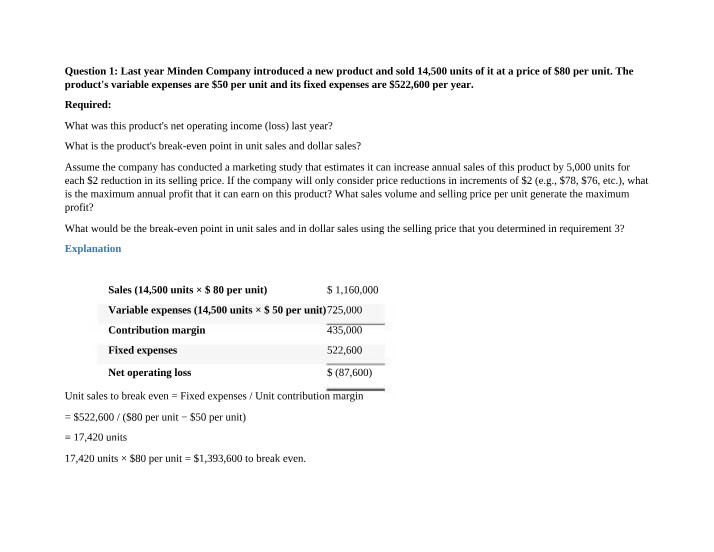 Break-Even Point and Net Operating Income Calculation