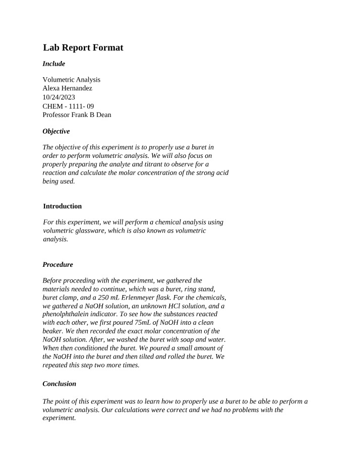 Format for Lab Reports